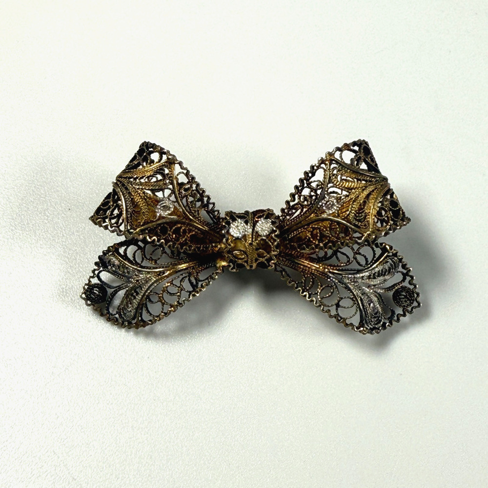 Antique? Vintage GEIS Signed 900 Silver Filigree Bow Brooch Pin Gold Wash 1.75"
